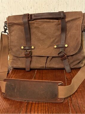 Newhey Men’s Messenger Bag/LapTop Bag Waxed Canvas Genuine Leather Brown Tan